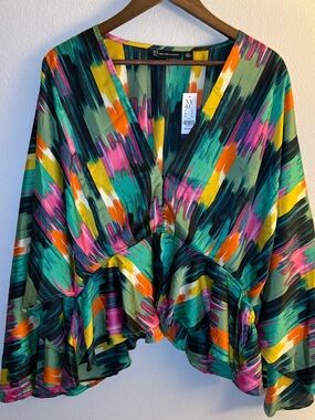 NY Collection Multicolor Brushstroke V-Neck Ruffle Blouse - Green/Pink
